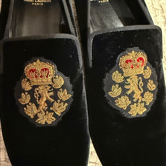 Saint Laurent Men’s Crest Venetian   Embroidered Black Velvet Loafers main image 11